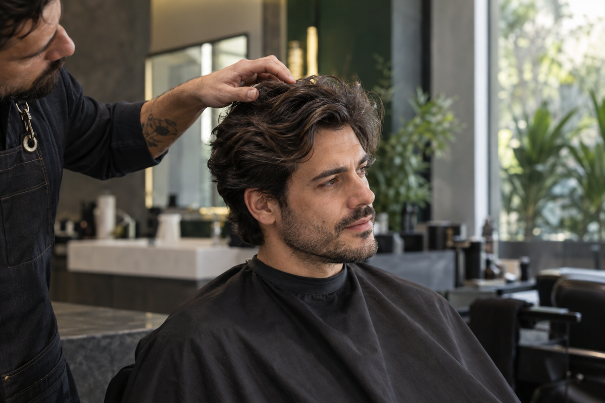 Cena ilustrativa de um barbeiro e um cliente com cabelo ondulado em uma barbearia