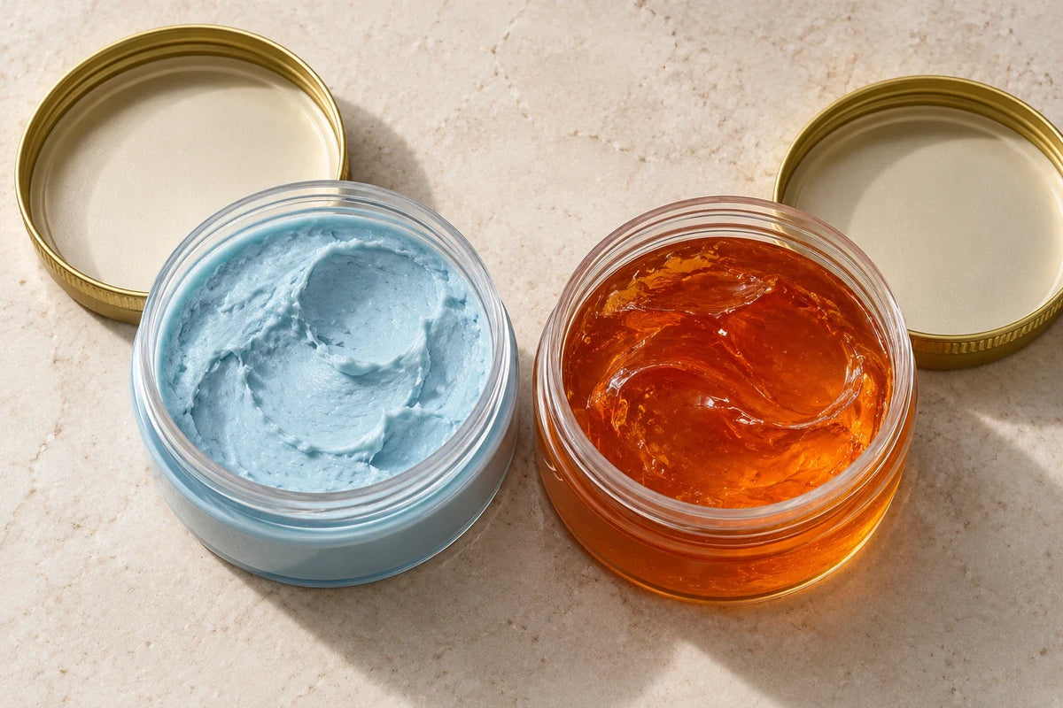 Composição ilustrativa das texturas, baseada nas referências da marca: pomada azul à esquerda e pasta laranja translúcida à direita, em potes abertos
