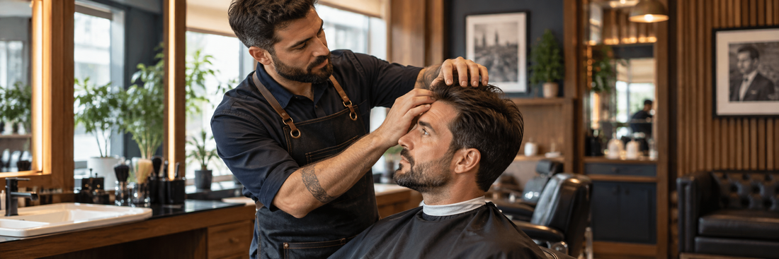 Barbeiro avaliando o cabelo e o couro cabeludo de um cliente durante atendimento profissional em barbearia.